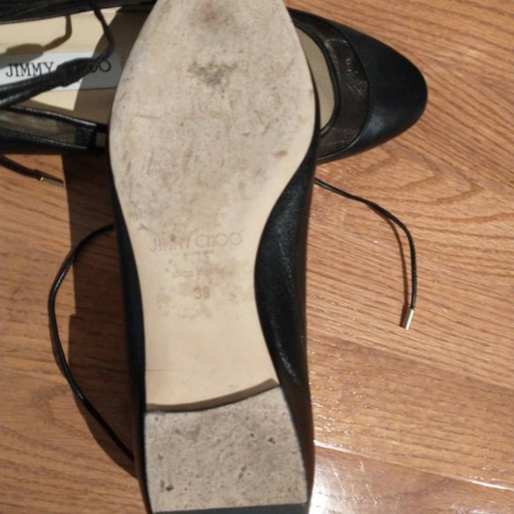 Black Leather JIMMY CHOO Tyler Mesh Ballet Ankle Tie Flats-39 - Picture 7 of 9